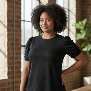 LOFT Black Dotted Floral Embroidered Short Sleeve Blouse Top M